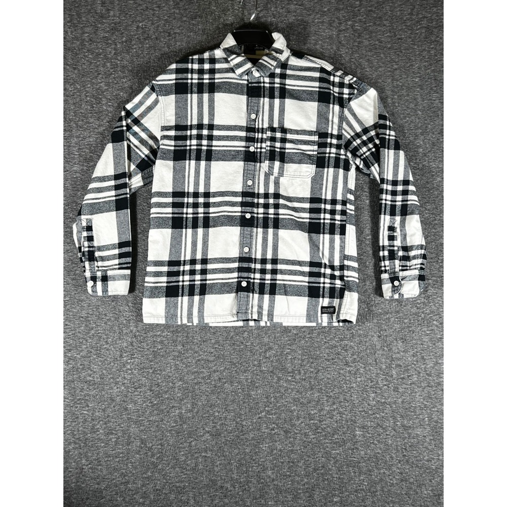 Hollister Mens Oversized Fit Plaid Flannel Shirt Black White Medium Long Sleeve